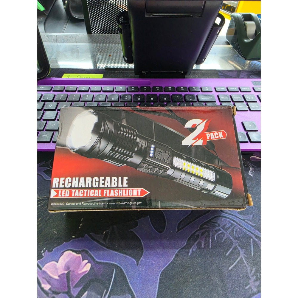 2 Pack Rechargeable LED Tactical Flashlight Set with USB Charging Cables Black